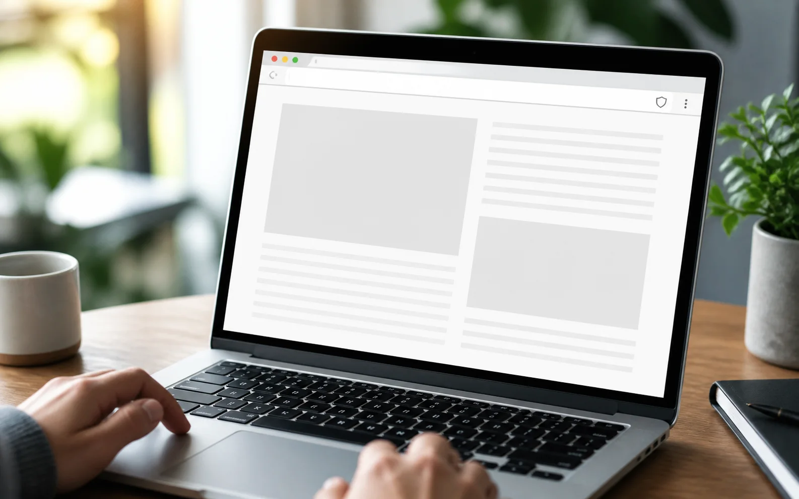 A laptop displaying a clean generic article page with a browser shield symbol