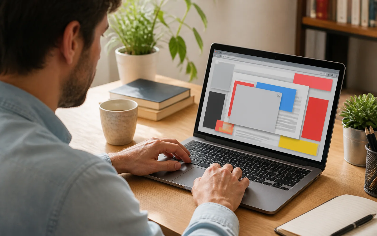 A laptop displaying a generic web page crowded by advertising and pop-up panels
